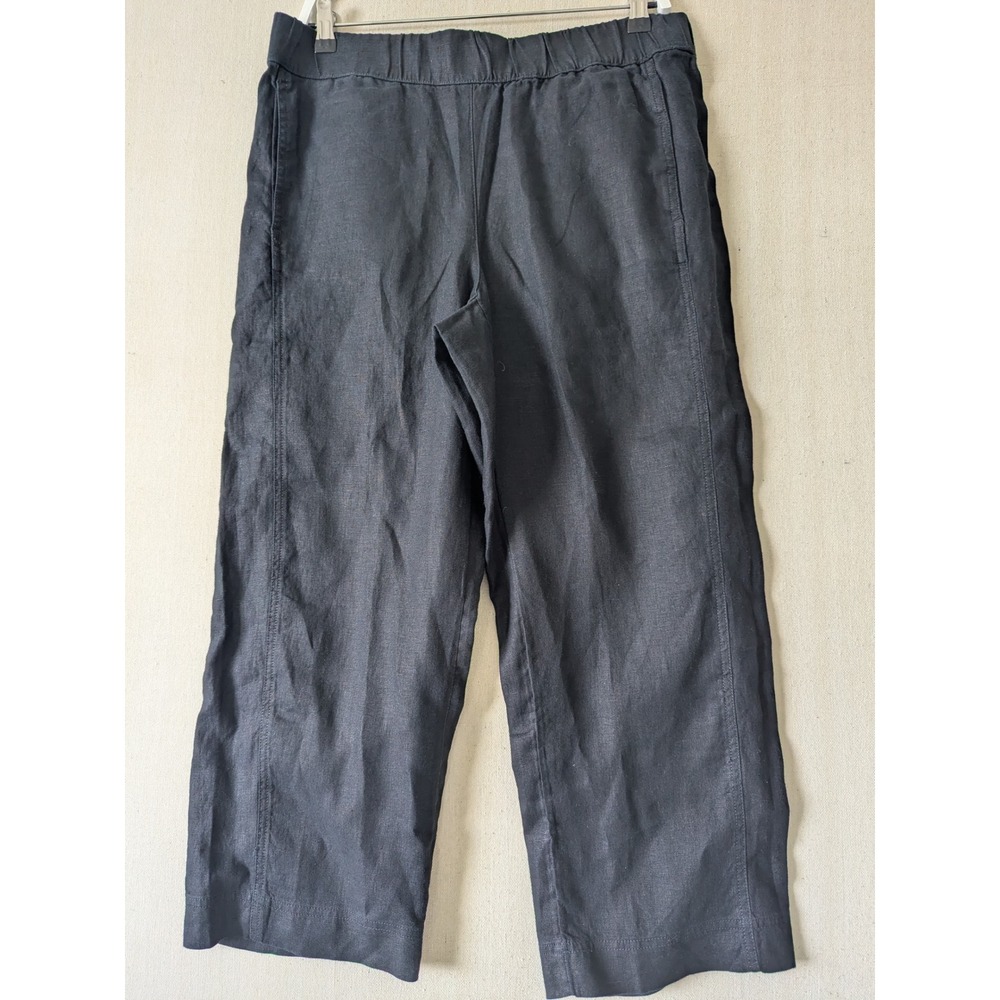 Pure Jill Linen Pants Women Medium Black Wide Leg Crop Elastic Waist Minimalist